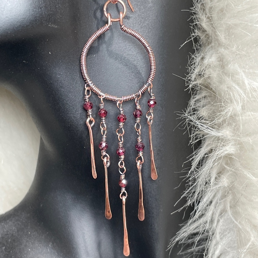 Hand Crafted Copper Red Garnet Crystal Beaded Dangle Chandelier Earrings